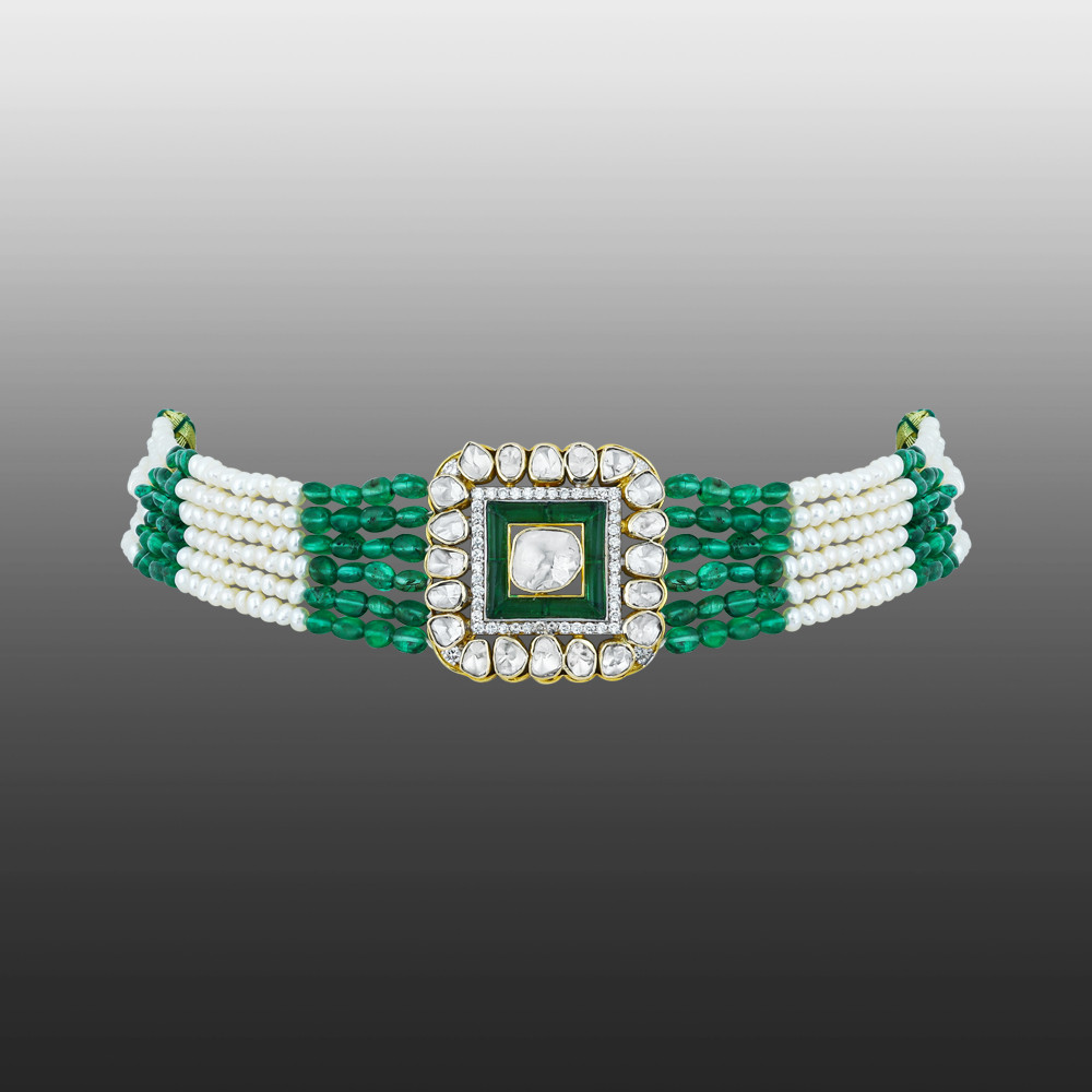 Polki Choker with Green Talaf, Emerald and Pearl Strands
